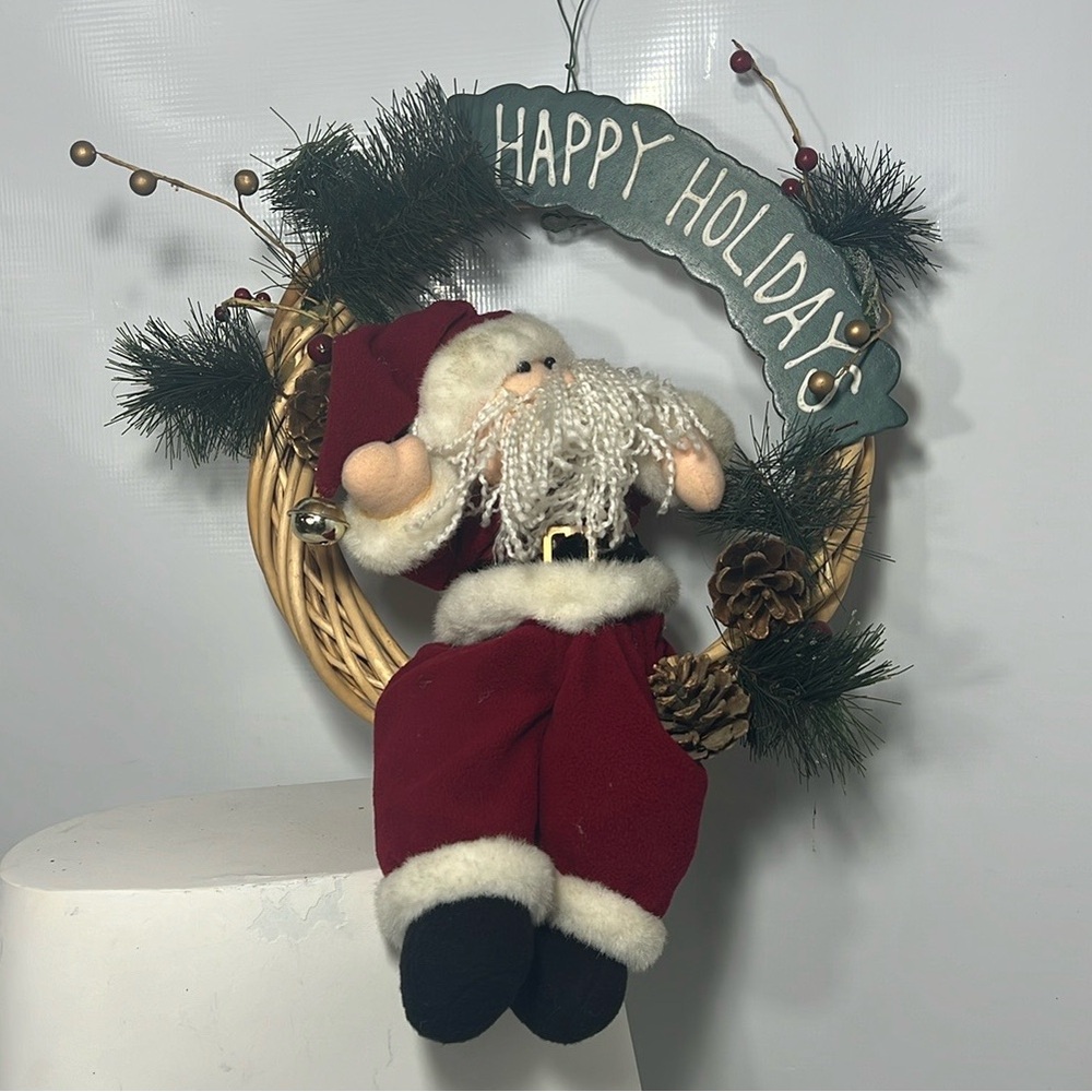 VINTAGE PLUSH SITTING SANTA CLAUS HAPPY HOLIDAYS